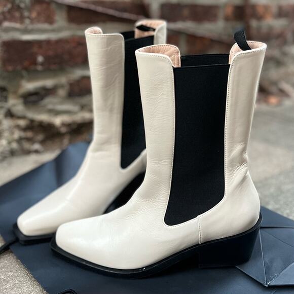 NEW Size 6.5 Stuart Weitzman Miley Western Leather Mid Calf Boot in Cream/ Black - Picture 3 of 10
